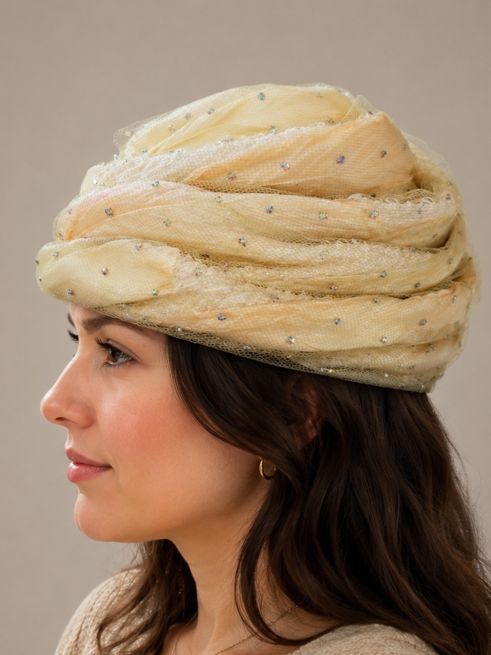 Vintage Christian Dior Chapeaux turban hat with draped pastel feathers Melon
